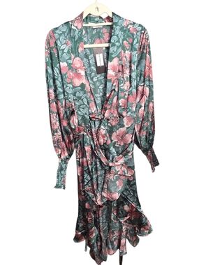 Green Floral Ruffle Wrap Dress with Pink Blooms
